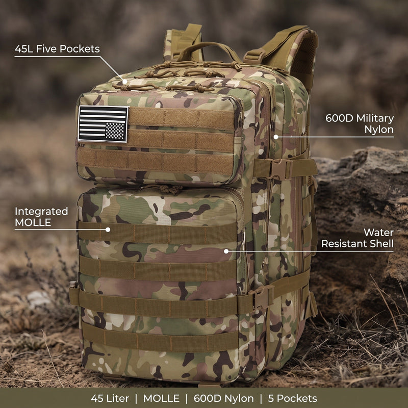 45L MOLLE Rucksack with 5 Pockets in 600D Nylon - product view 2 | Buffalo Gears
