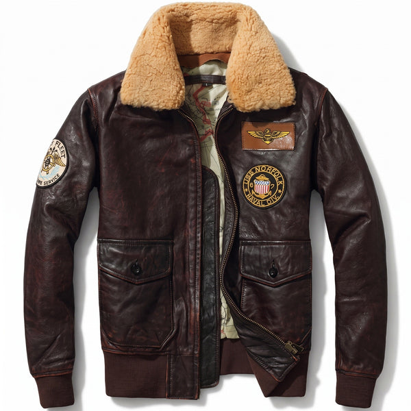 Brown Leather Aviator Jacket with Embroidered Vintage Patches