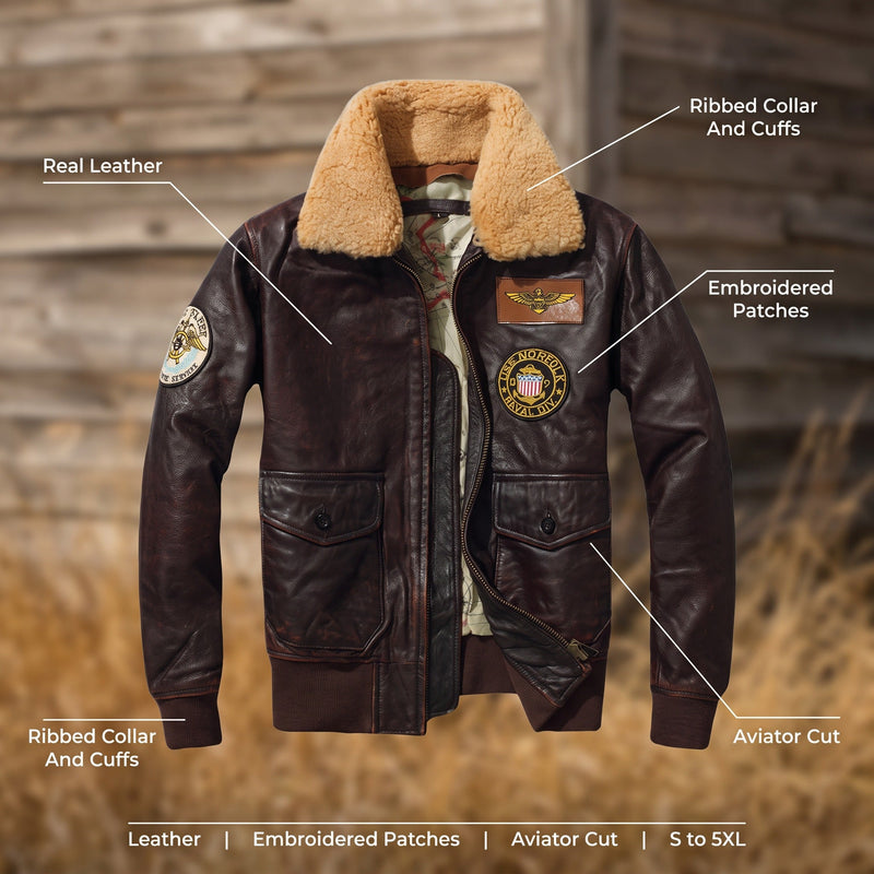 Brown Leather Aviator Jacket with Embroidered Vintage Patches - product view 2 | Buffalo Gears