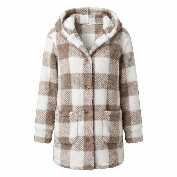 Checked Teddy Fleece Coat for Women, Hooded and Long