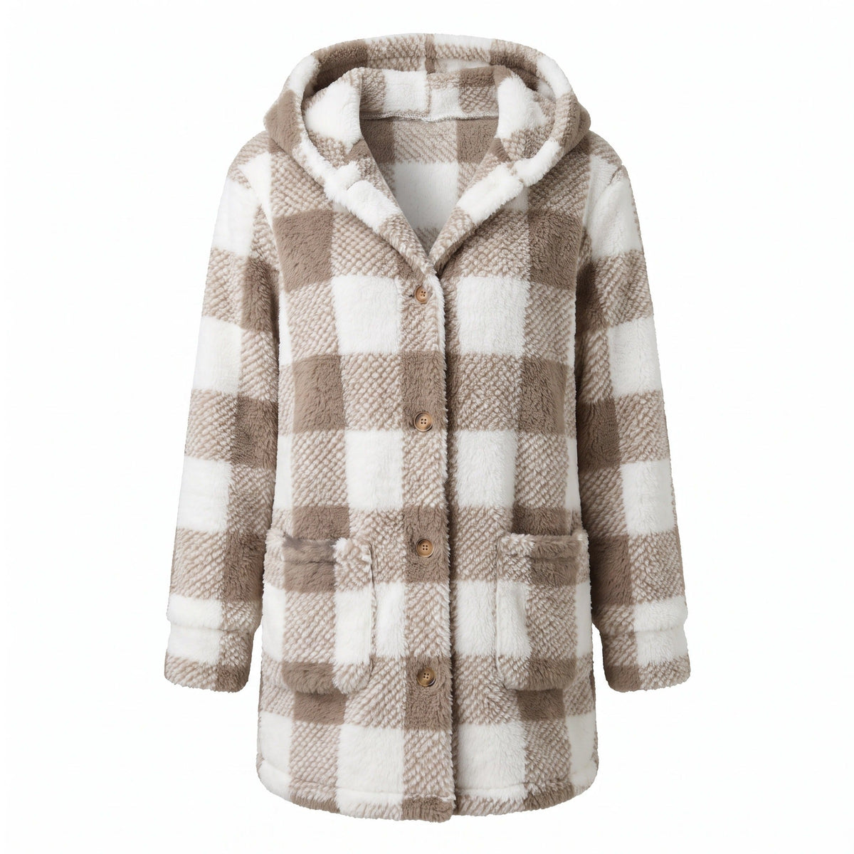 Checked Teddy Fleece Coat for Women, Hooded and Long - product view 1 | Buffalo Gears