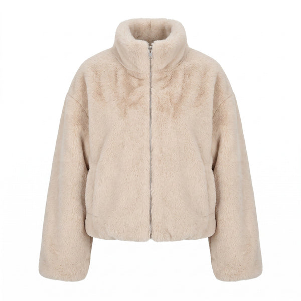 Faux Fur Overcoat for Women with Stand Collar