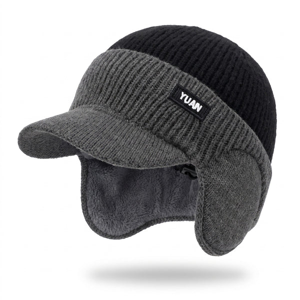 Knitted Beanie with Brim, Ear Flaps and Fleece Lining