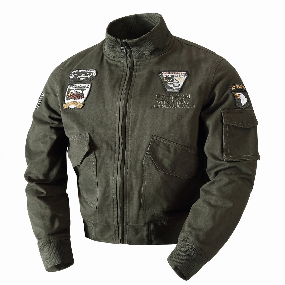 Men's Army Green Cotton Bomber with Embroidered Patches - product view 1 | Buffalo Gears