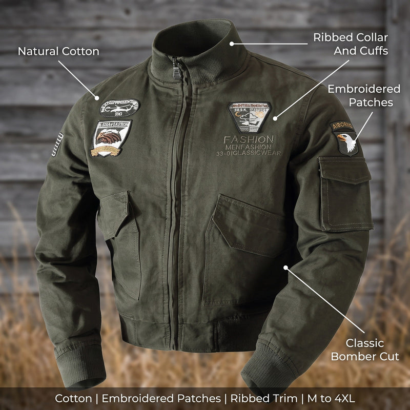 Men's Army Green Cotton Bomber with Embroidered Patches - product view 2 | Buffalo Gears