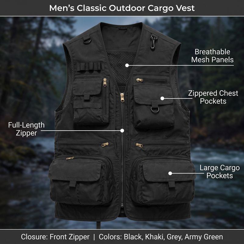 Men's Multi-Pocket Cargo Vest for Fishing and Hiking - product view 3 | Buffalo Gears
