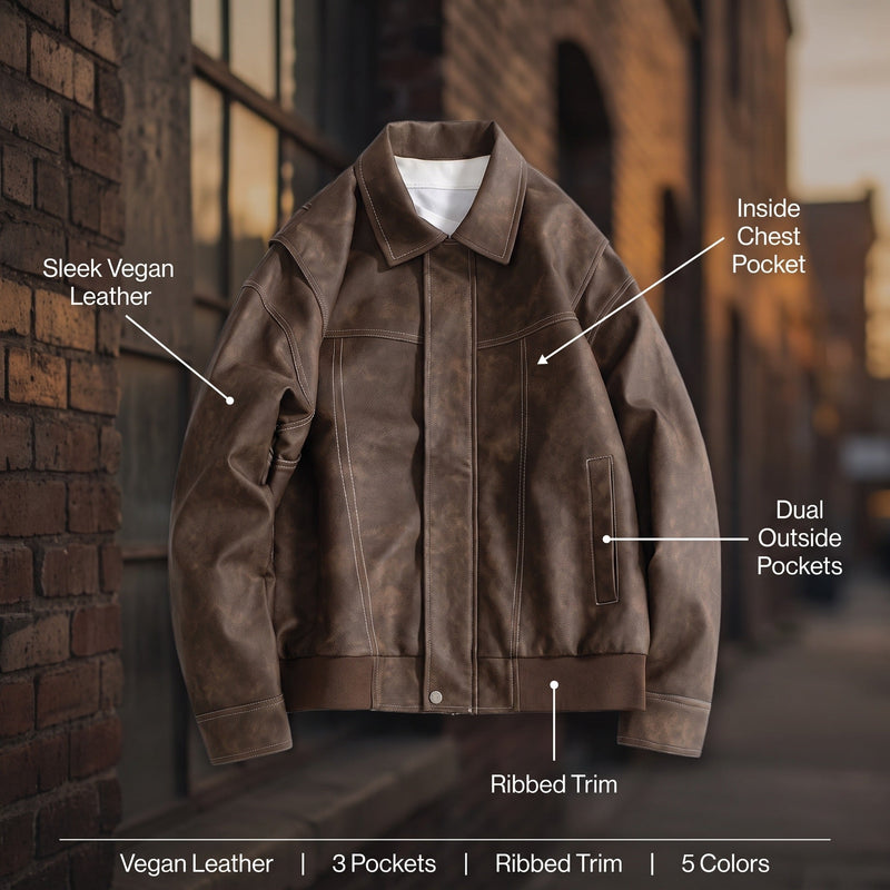 Men's Vegan Leather Bomber Jacket with Dual Pockets - product view 2 | Buffalo Gears