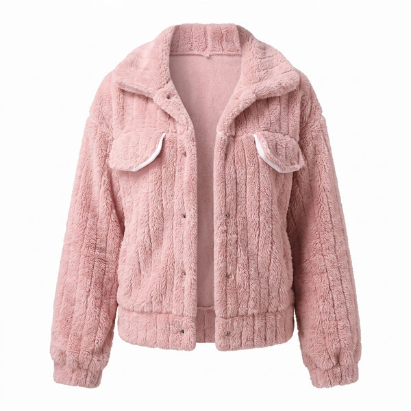 Short Plush Jacket for Women with Notch Lapel