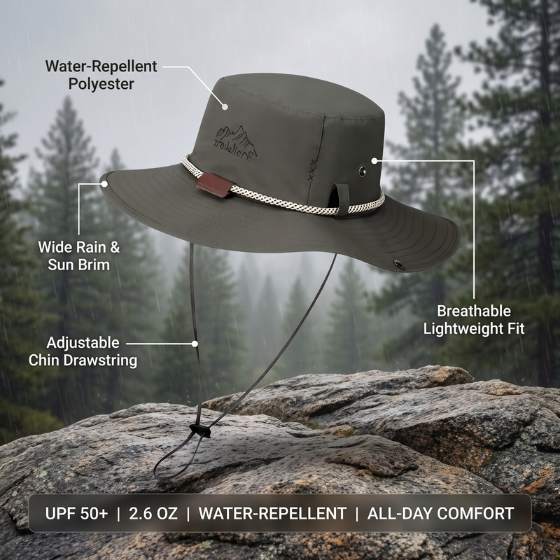 Wide Brim Rain Hat for Wet Weather Trekking - product view 3 | Buffalo Gears