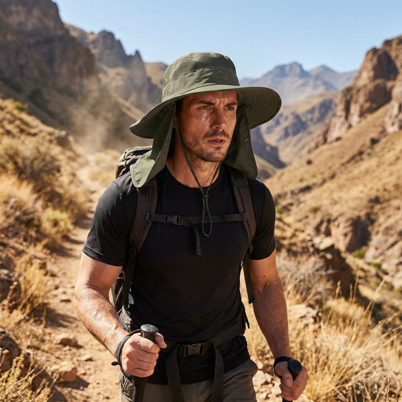 Wide Brim Sun Hat with Removable Neck Flap for Hikers - product view 3 | Buffalo Gears