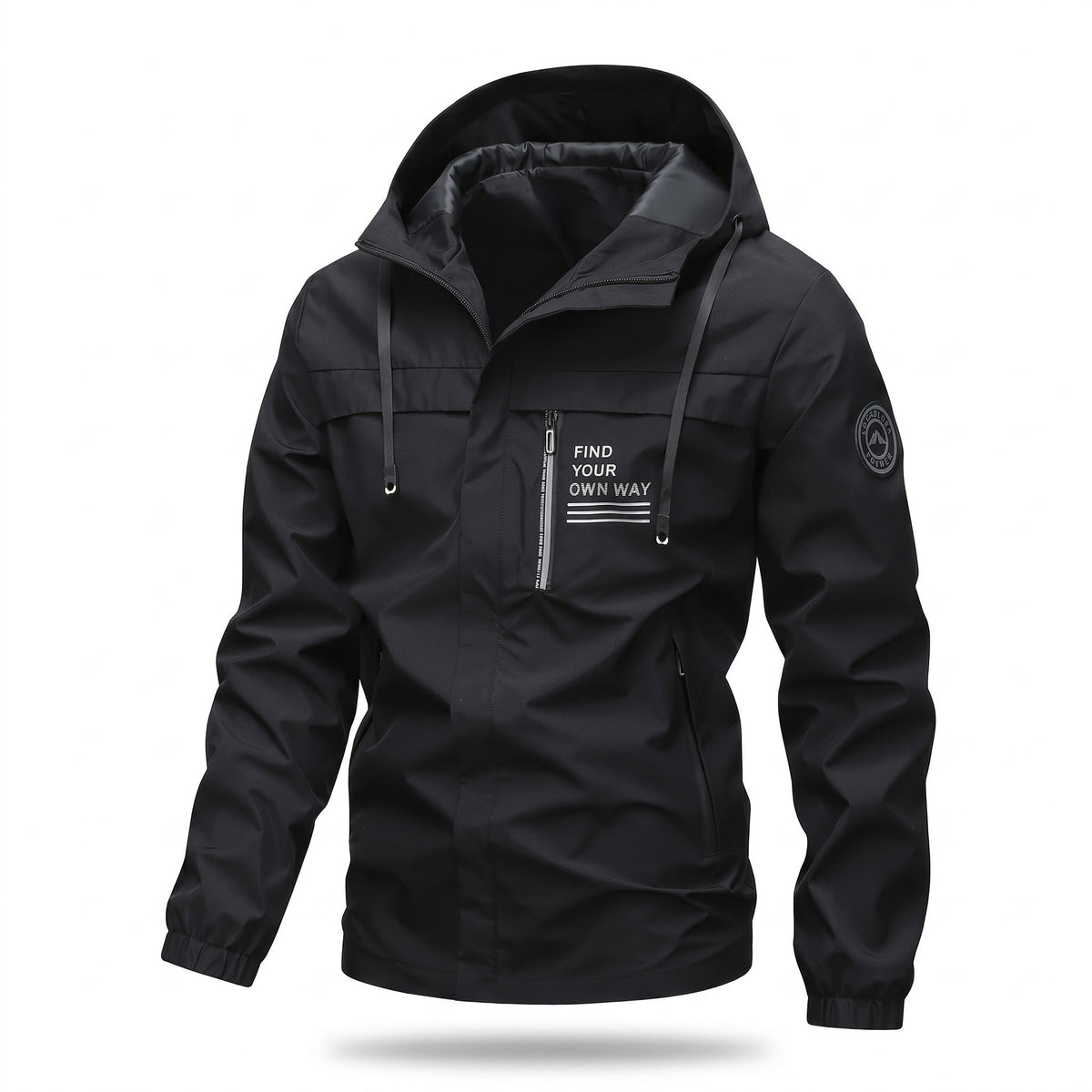 Windproof Hooded Jacket for Men with Chest Print - product view 1 | Buffalo Gears