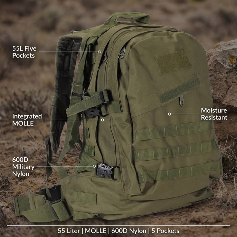 55L MOLLE Rucksack in Tough 600D Military-Grade Nylon - product view 2 | Buffalo Gears