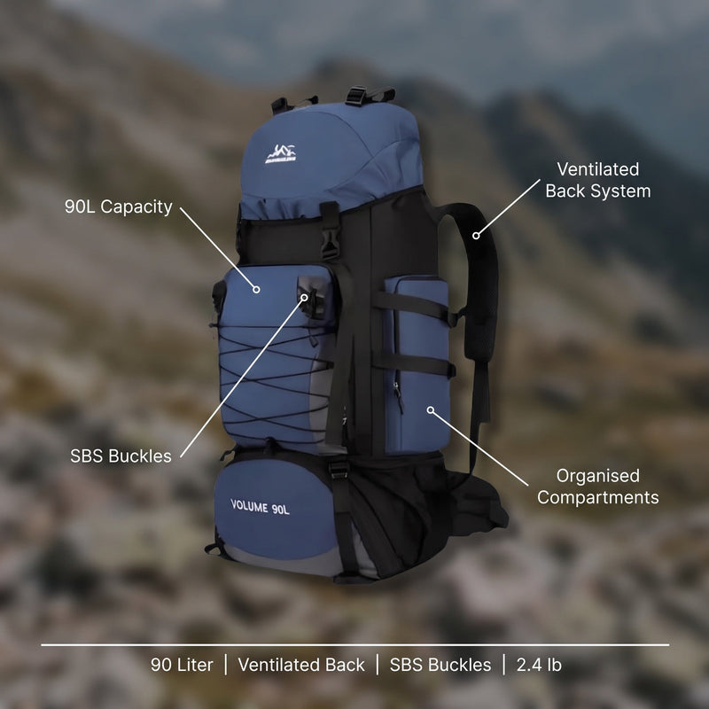 90 Litre Trekking Backpack with Ventilated Back System - product view 2 | Buffalo Gears