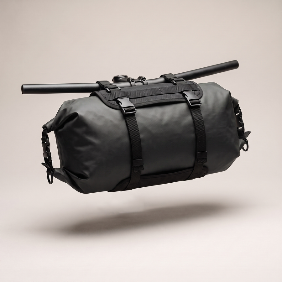 Bikepacking Handlebar Bag 12L Roll-Top Dry Bag Harness Set - Black | Buffalo Gears