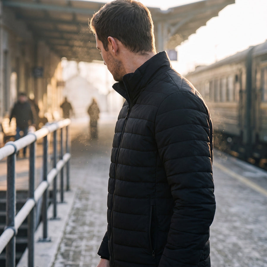 Black Quilted Winter Jacket for Men, Slim Cut - product view 2 | Buffalo Gears