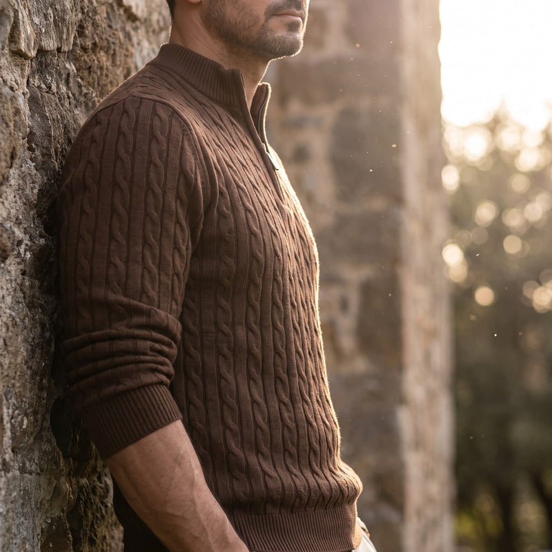 Cable Knit Jumper for Men with Half Zip Collar - product view 2 | Buffalo Gears