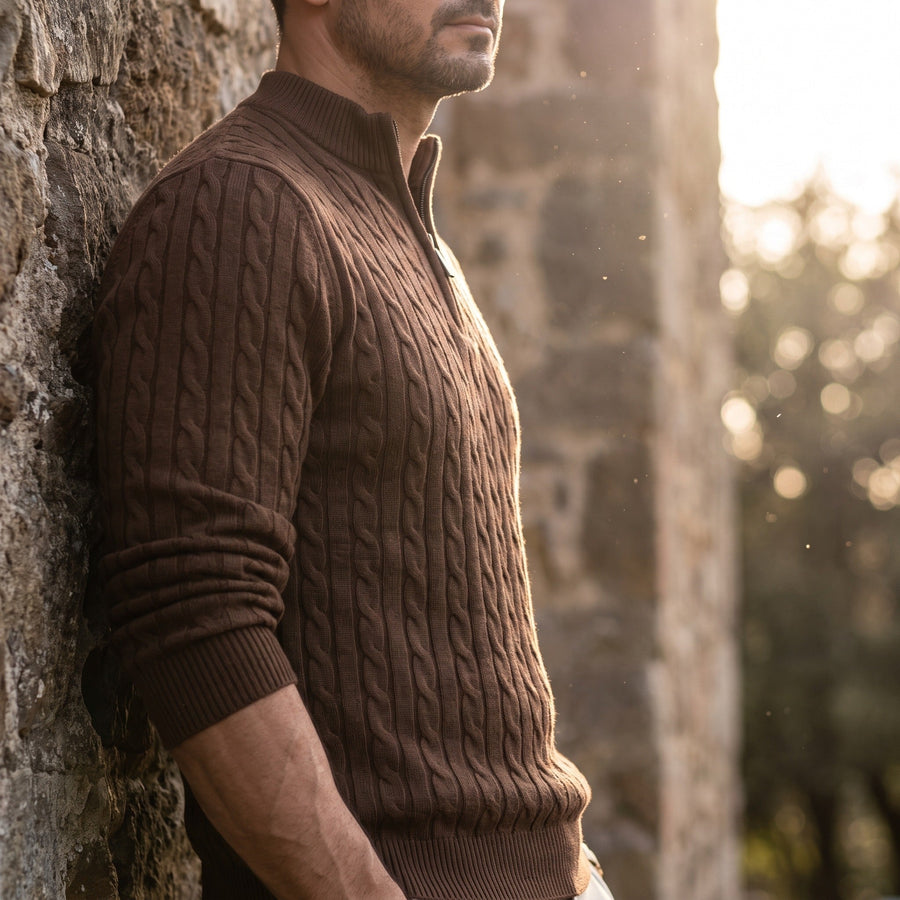 Cable Knit Jumper for Men with Half Zip Collar - product view 2 | Buffalo Gears