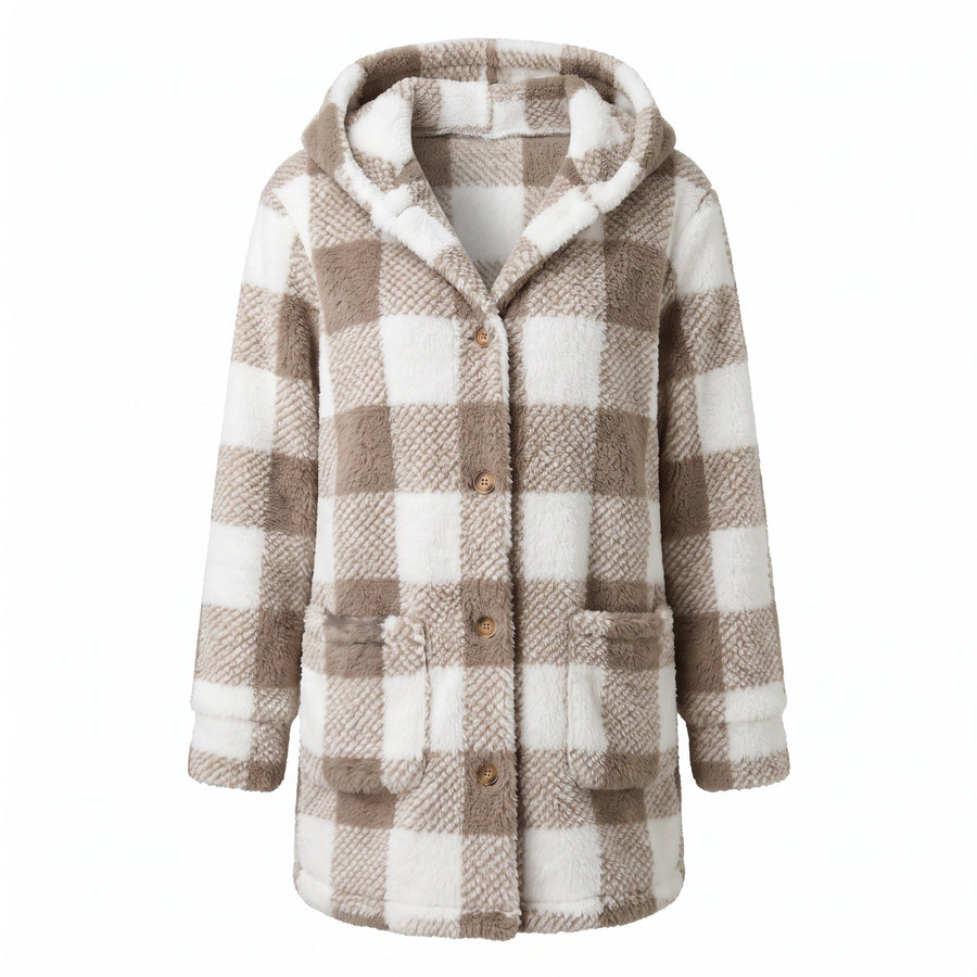Checked Teddy Fleece Coat for Women, Hooded and Long - product view 1 | Buffalo Gears