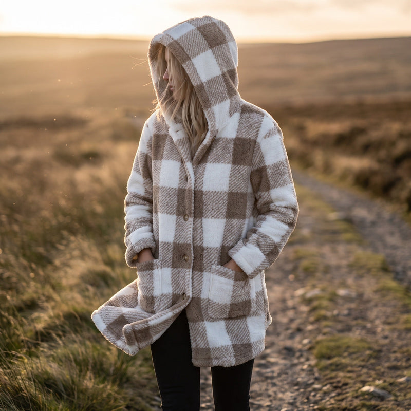 Checked Teddy Fleece Coat for Women, Hooded and Long - product view 2 | Buffalo Gears