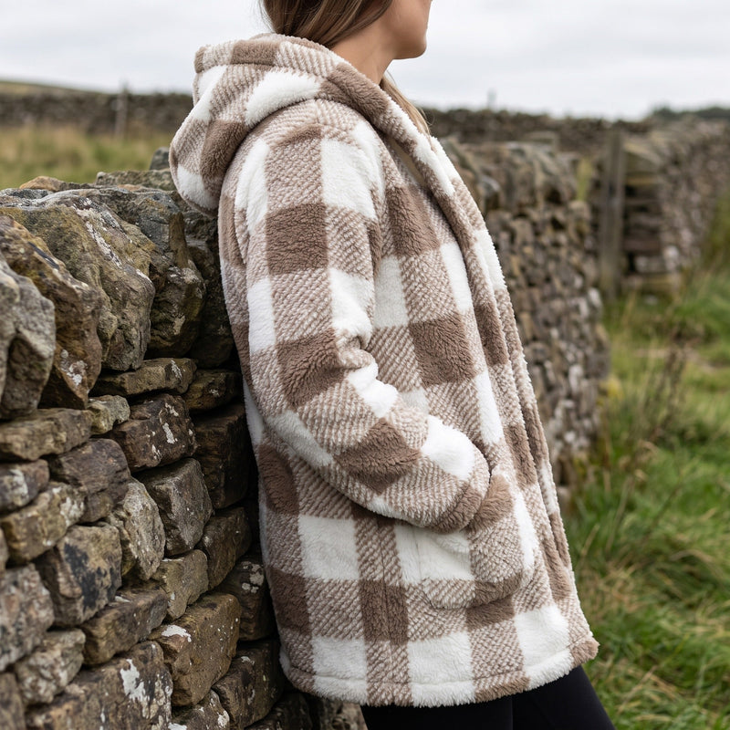 Checked Teddy Fleece Coat for Women, Hooded and Long - product view 4 | Buffalo Gears