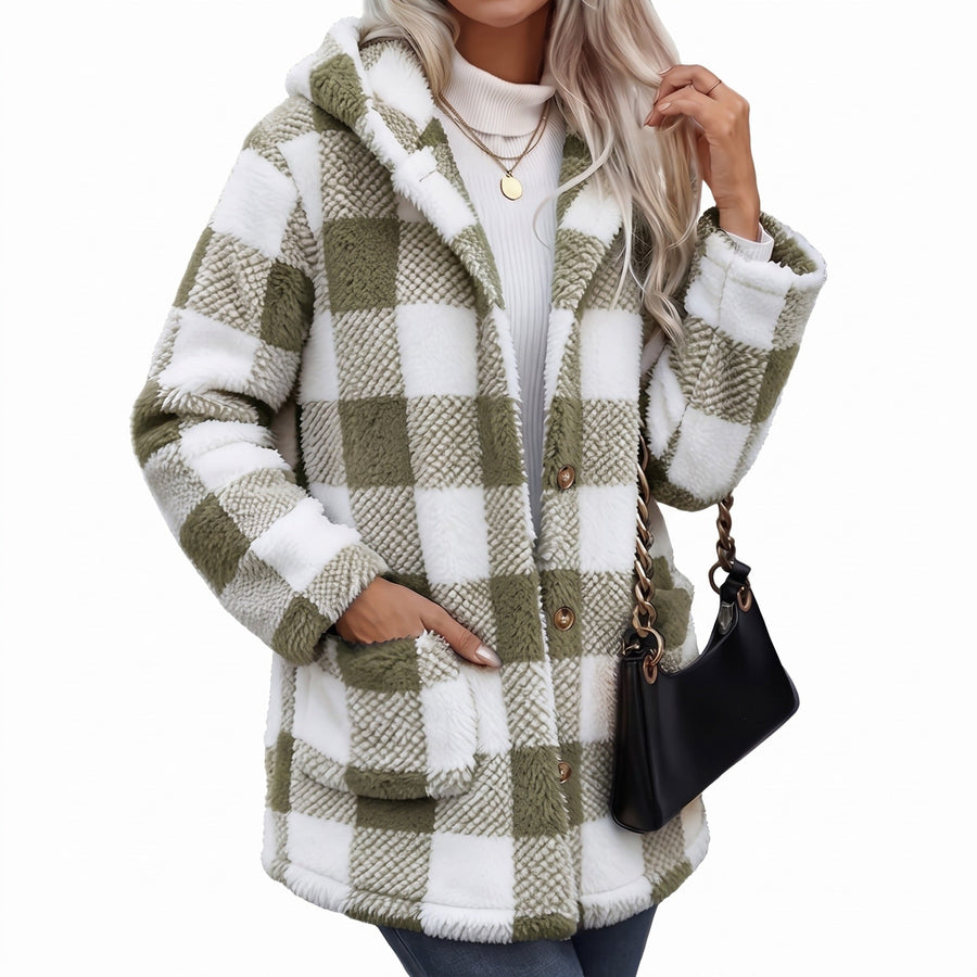 Checked Teddy Fleece Coat for Women, Hooded and Long - product view 5 | Buffalo Gears