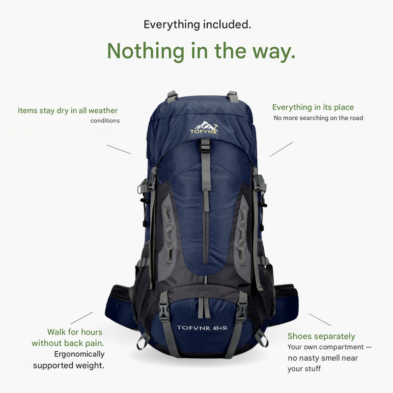 60-Litre Waterproof Hiking Backpack High-Capacity Camping Travel Pack – product view 2 | Buffalo Gears