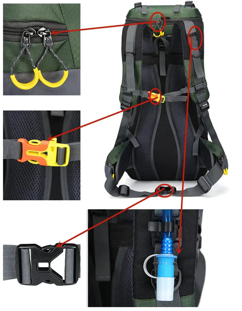 60-Litre Waterproof Hiking Backpack High-Capacity Outdoor Travel Pack – product view 5 | Buffalo Gears
