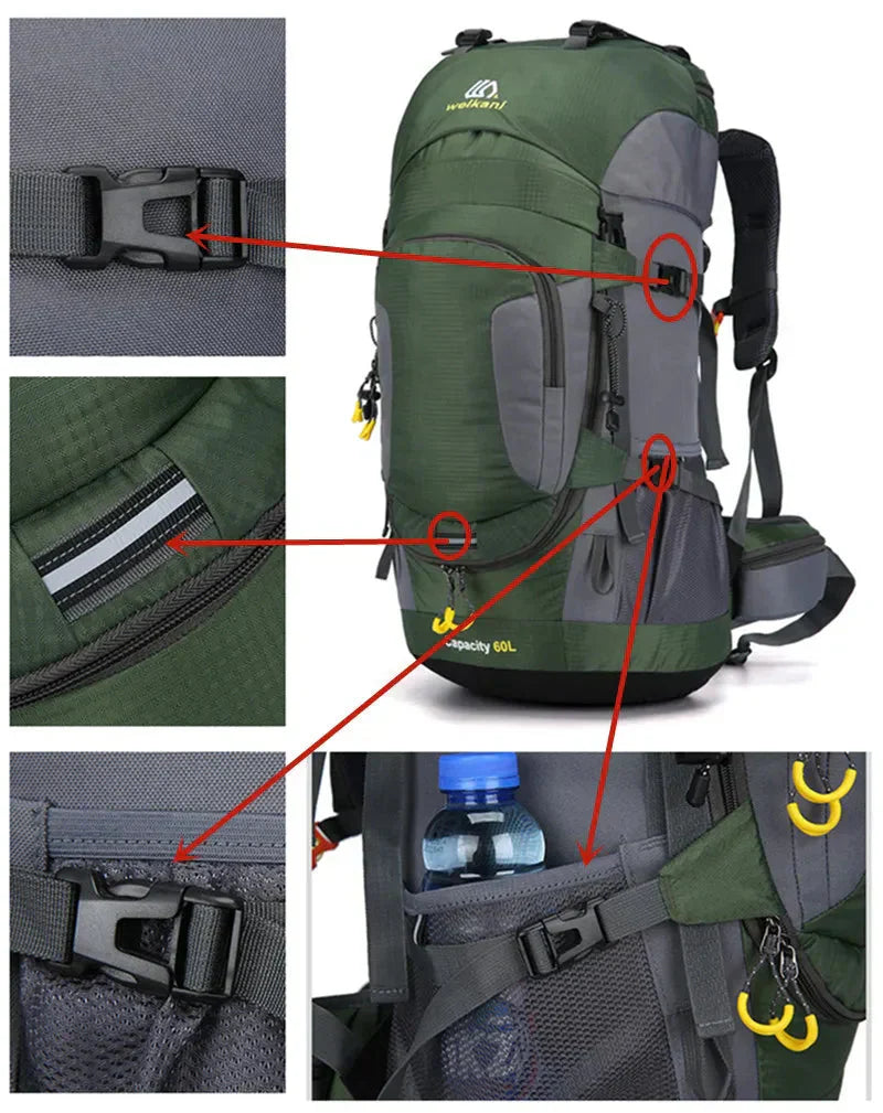 60-Litre Waterproof Hiking Backpack High-Capacity Outdoor Travel Pack – product view 6 | Buffalo Gears