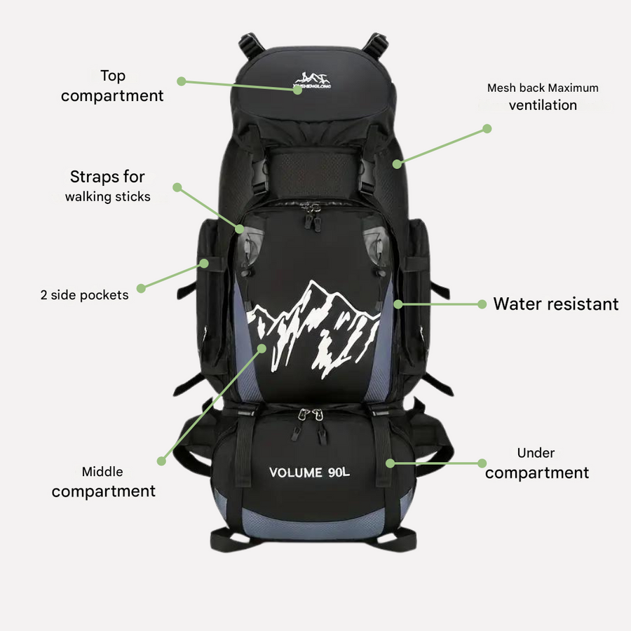 90-Litre Waterproof Hiking Backpack High-Capacity Travel Camping Pack – product view 7 | Buffalo Gears