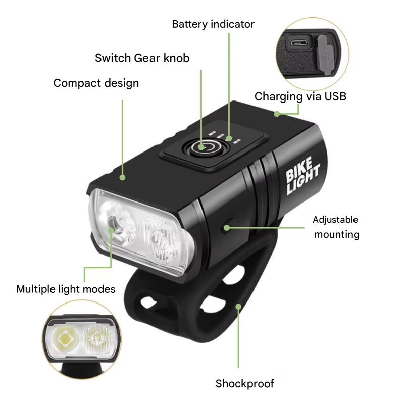 LED Bicycle Light Set USB Rechargeable 1000 Lumen Front 500 Rear – product view 4 | Buffalo Gears
