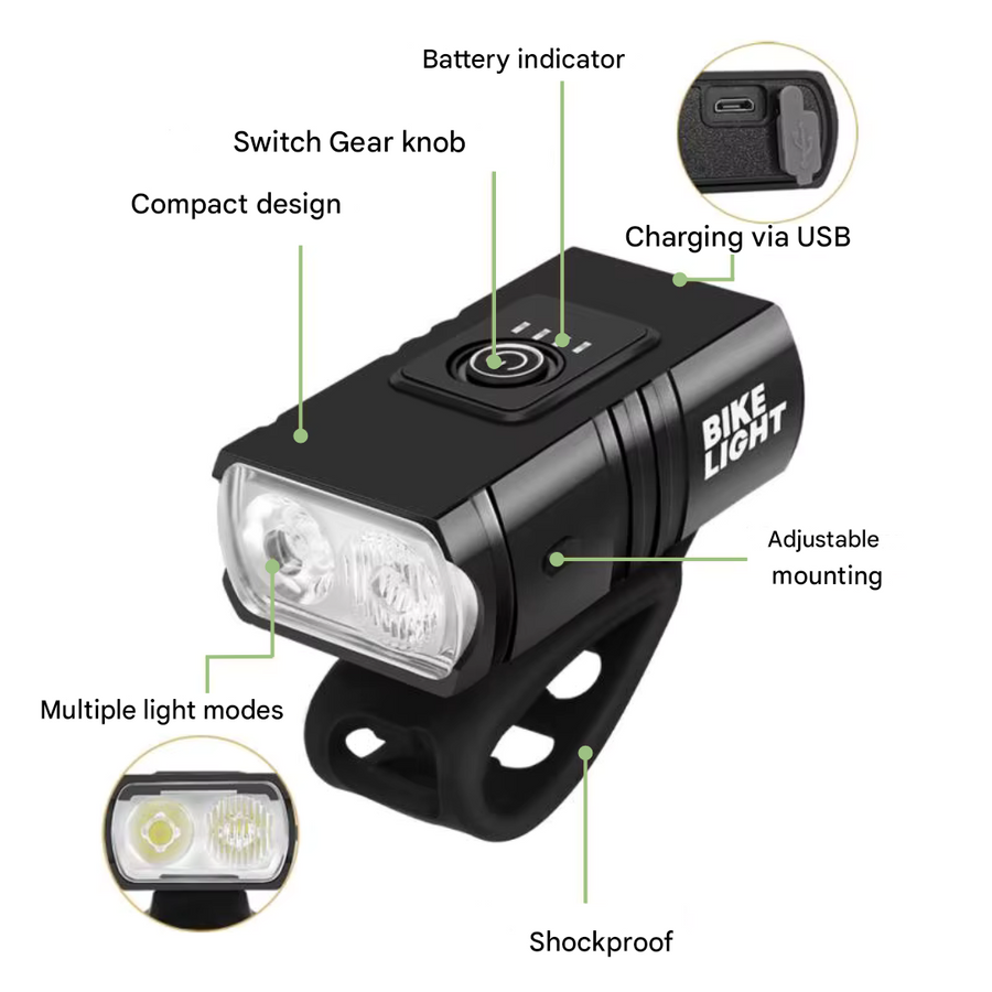 LED Bicycle Light Set USB Rechargeable 1000 Lumen Front 500 Rear – product view 4 | Buffalo Gears