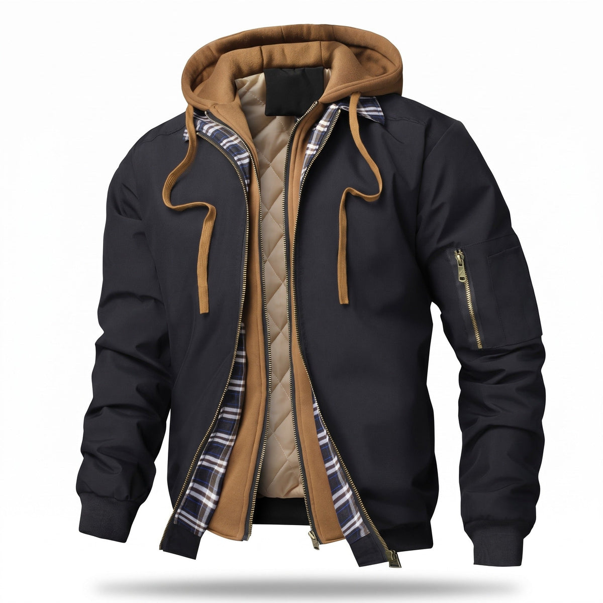 Hooded Bomber Jacket for Men, Plain Zip Front - product view 1 | Buffalo Gears