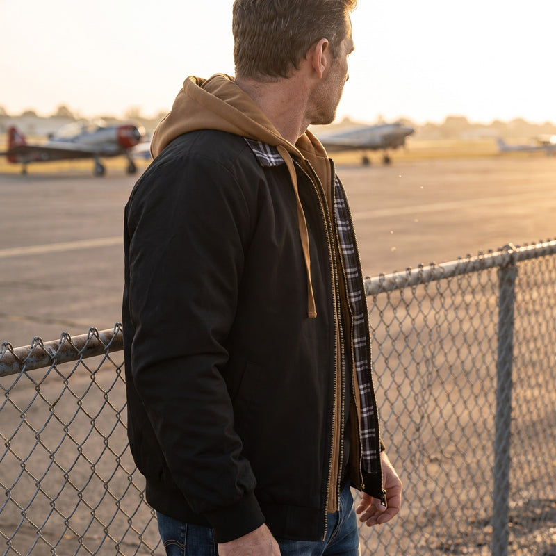 Hooded Bomber Jacket for Men, Plain Zip Front - product view 2 | Buffalo Gears