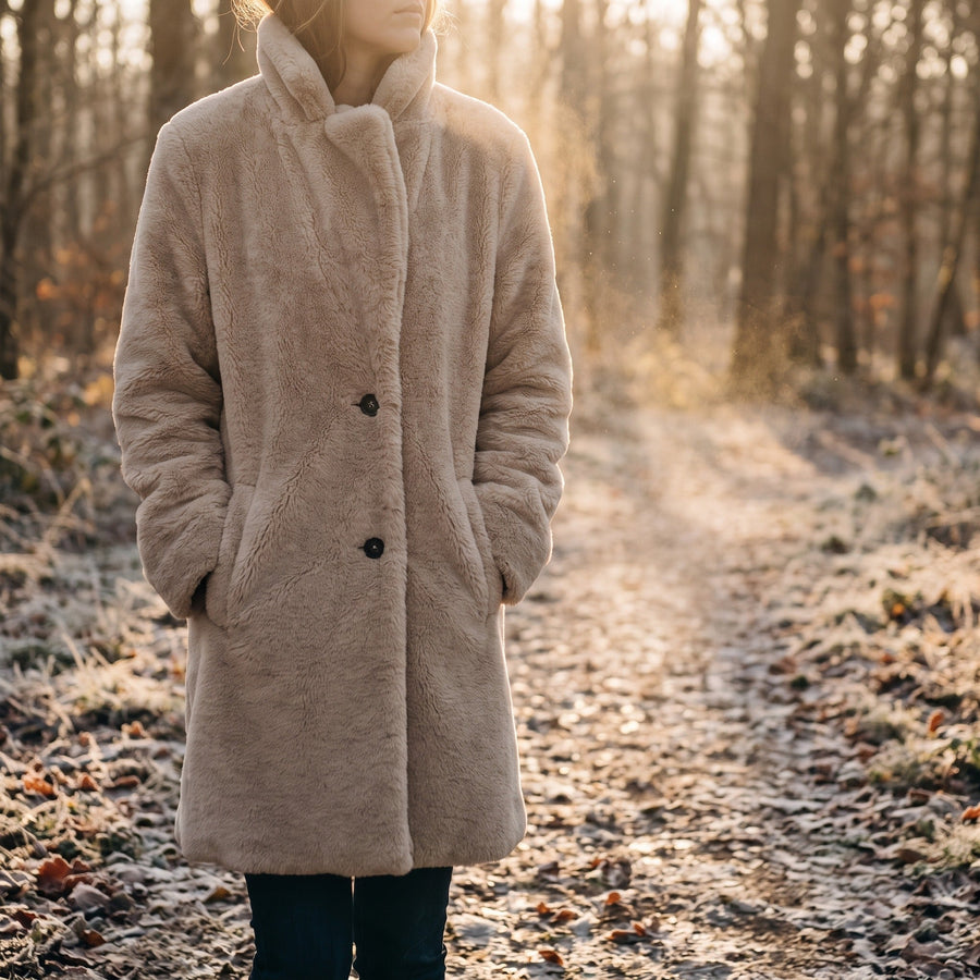 Long Sherpa Coat for Women, Knee Length with Lapel - product view 2 | Buffalo Gears