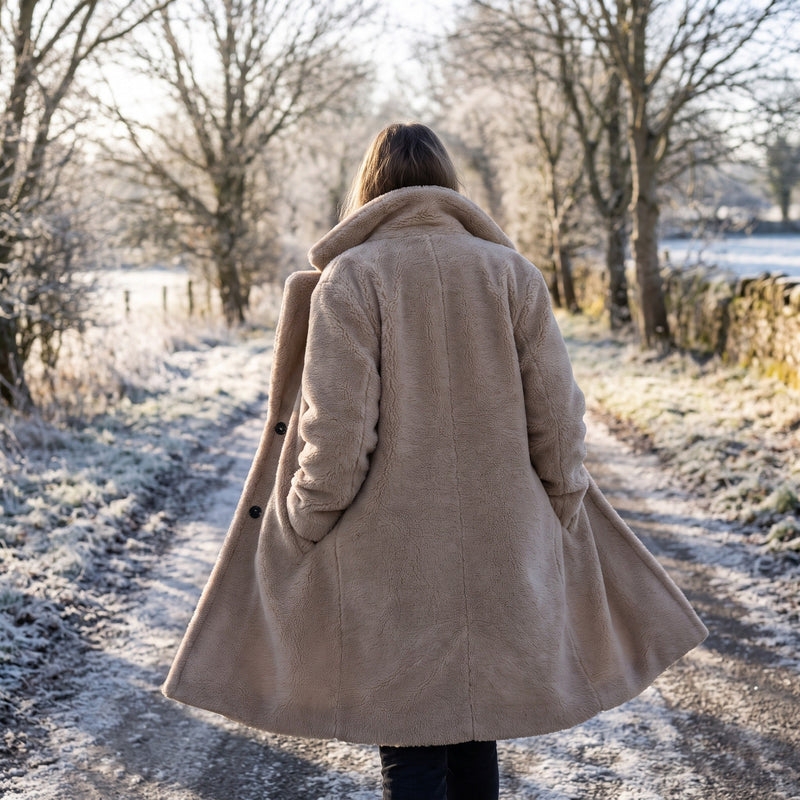 Long Sherpa Coat for Women, Knee Length with Lapel - product view 4 | Buffalo Gears