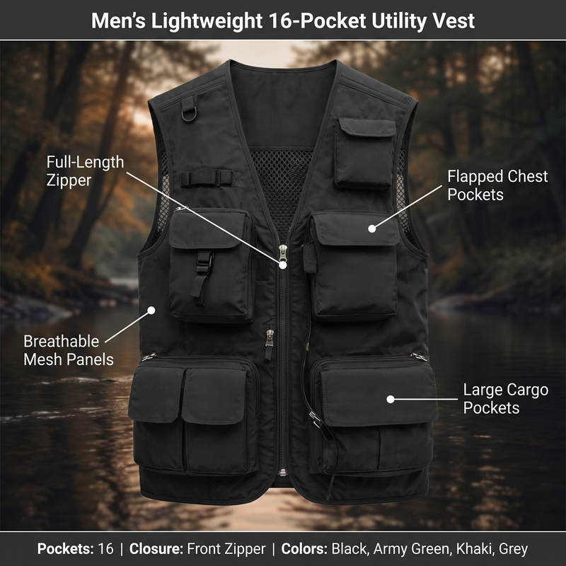 Men's 16-Pocket Lightweight Utility Vest for Outdoor Use - product view 3 | Buffalo Gears