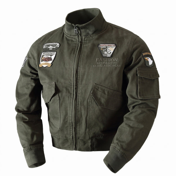 Men's Army Green Cotton Bomber with Embroidered Patches