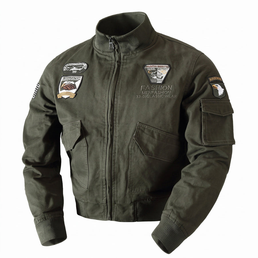 Men's Army Green Cotton Bomber with Embroidered Patches - product view 1 | Buffalo Gears