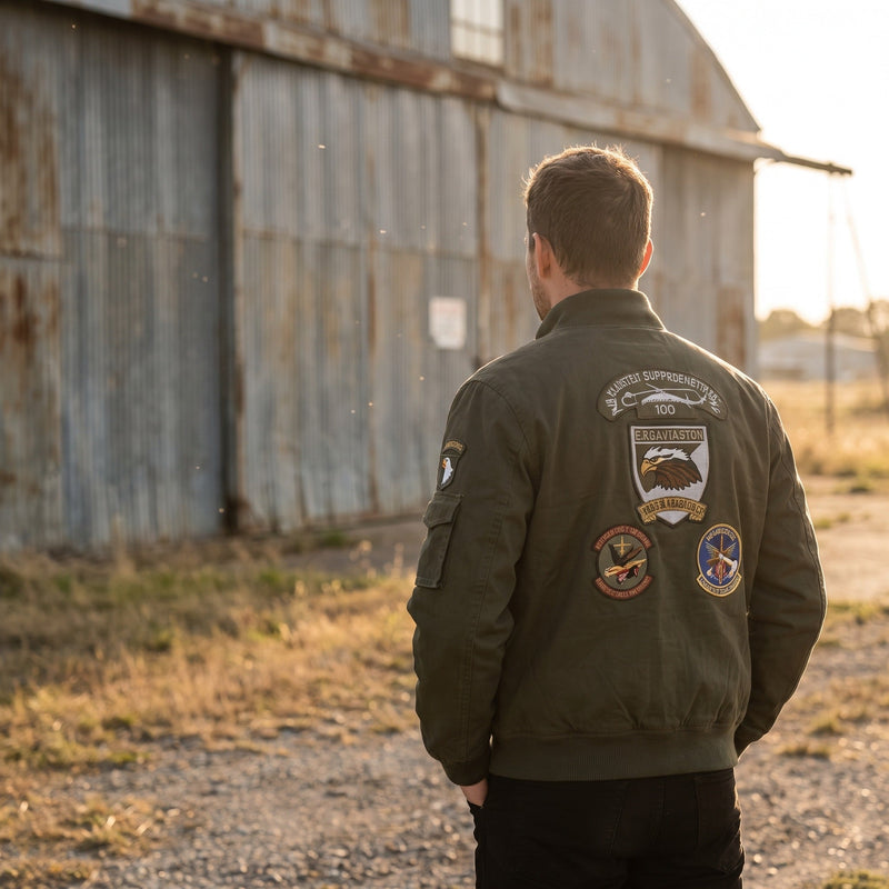 Men's Army Green Cotton Bomber with Embroidered Patches - product view 3 | Buffalo Gears