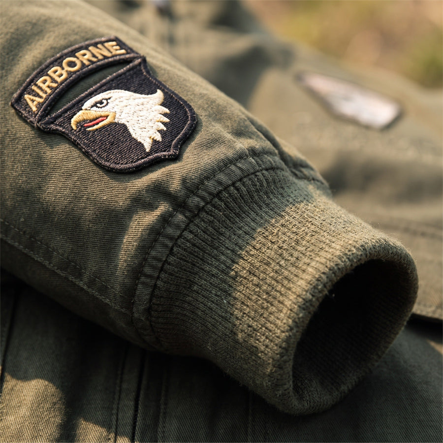 Men's Army Green Cotton Bomber with Embroidered Patches - product view 4 | Buffalo Gears