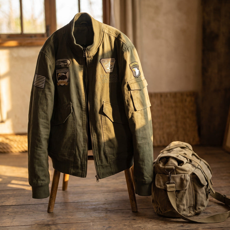 Men's Army Green Cotton Bomber with Embroidered Patches - product view 5 | Buffalo Gears