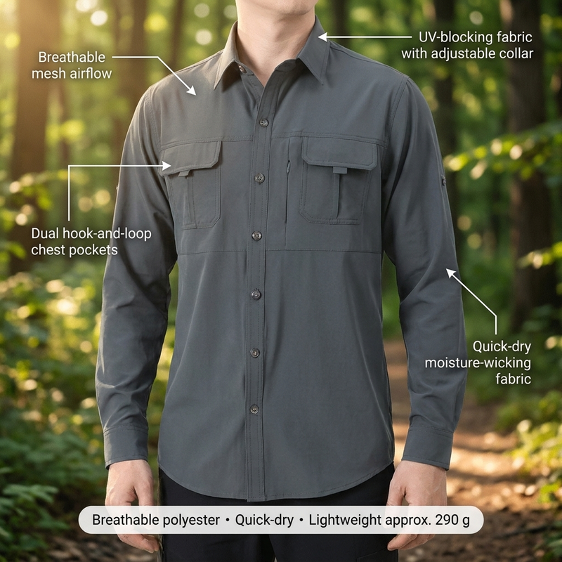 Men's Breathable Hiking Shirt with Chest Pockets - product view 3 | Buffalo Gears