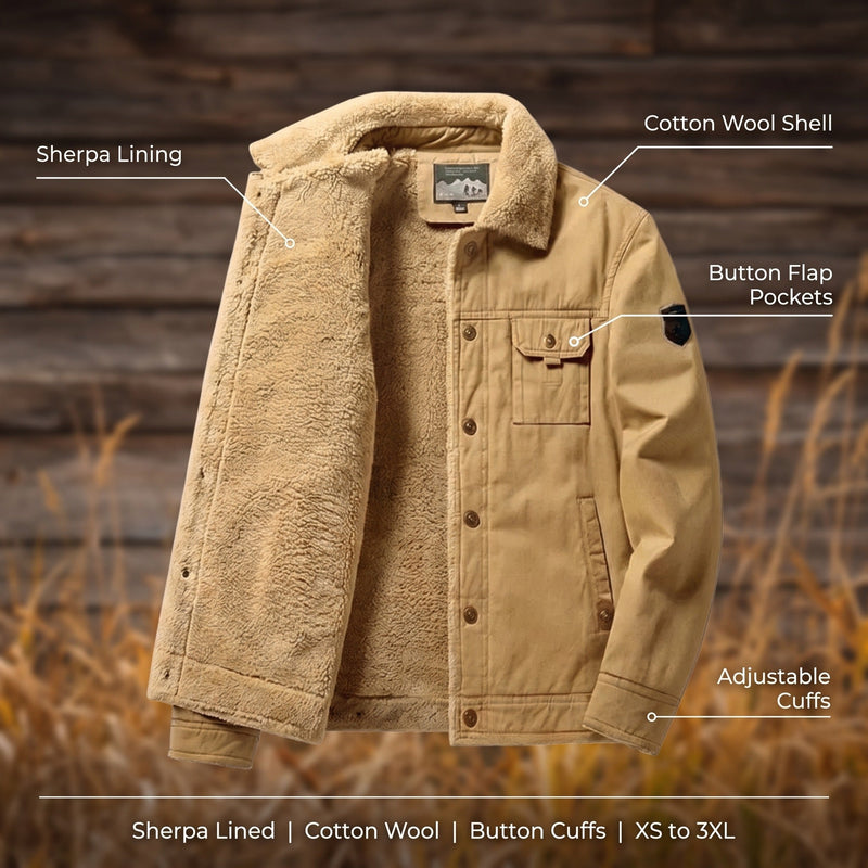 Men's Cotton Wool Trucker Jacket with Sherpa Lining and Buttons - product view 2 | Buffalo Gears