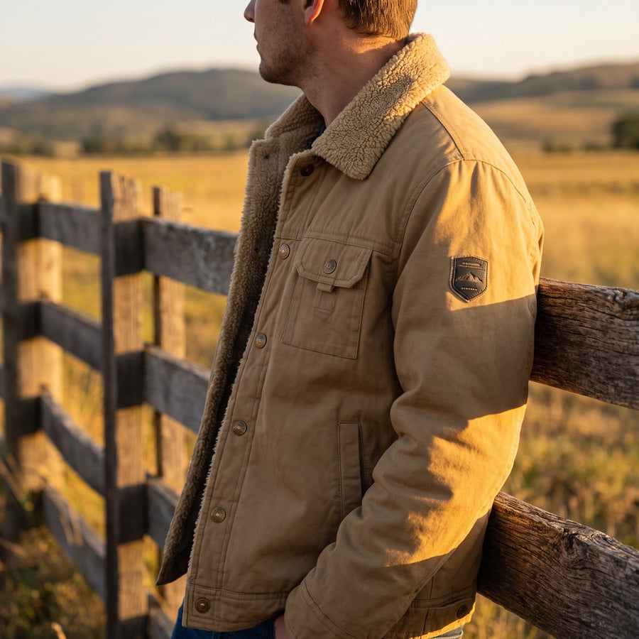 Men's Cotton Wool Trucker Jacket with Sherpa Lining and Buttons - product view 5 | Buffalo Gears