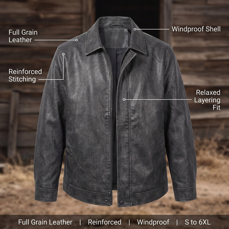Men's Full Grain Leather Coat, Windproof and Long - product view 2 | Buffalo Gears