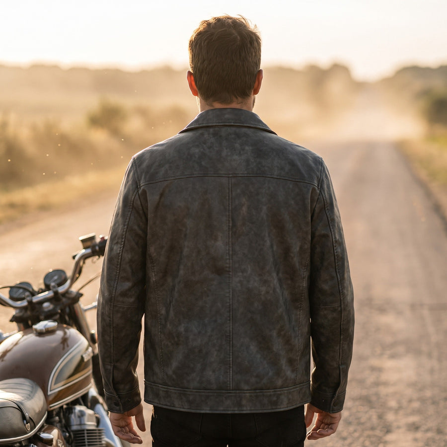 Men's Full Grain Leather Coat, Windproof and Long - product view 3 | Buffalo Gears