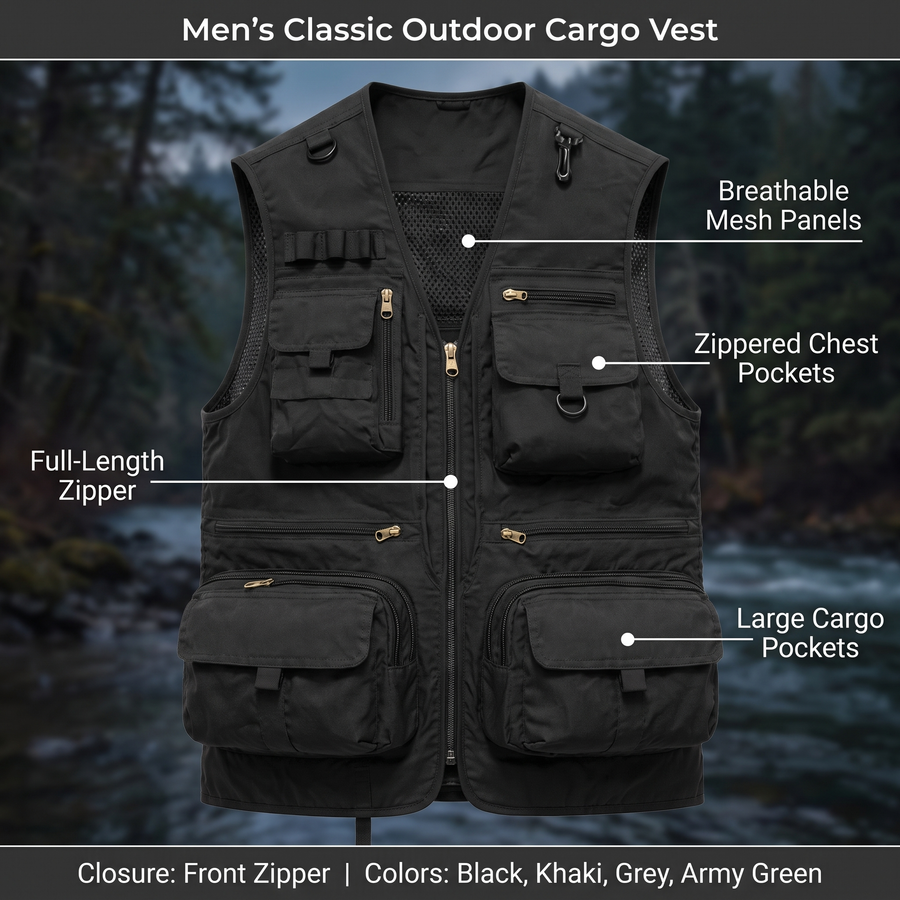 Men's Multi-Pocket Cargo Vest for Fishing and Hiking - product view 3 | Buffalo Gears