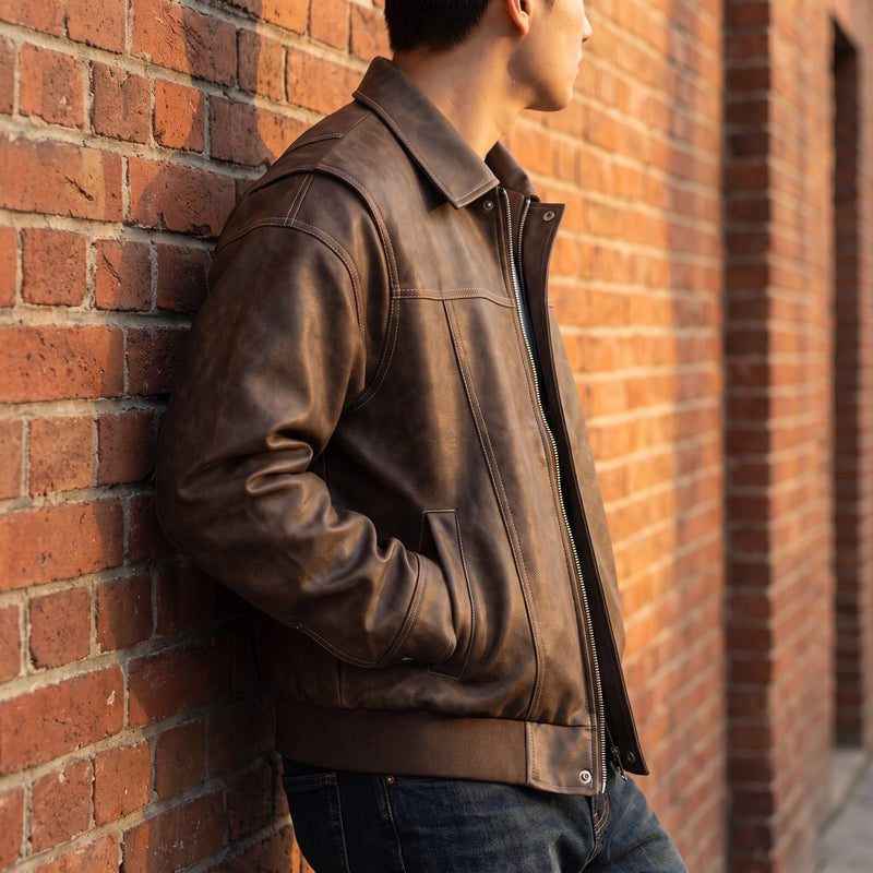 Men's Vegan Leather Bomber Jacket with Dual Pockets - product view 5 | Buffalo Gears