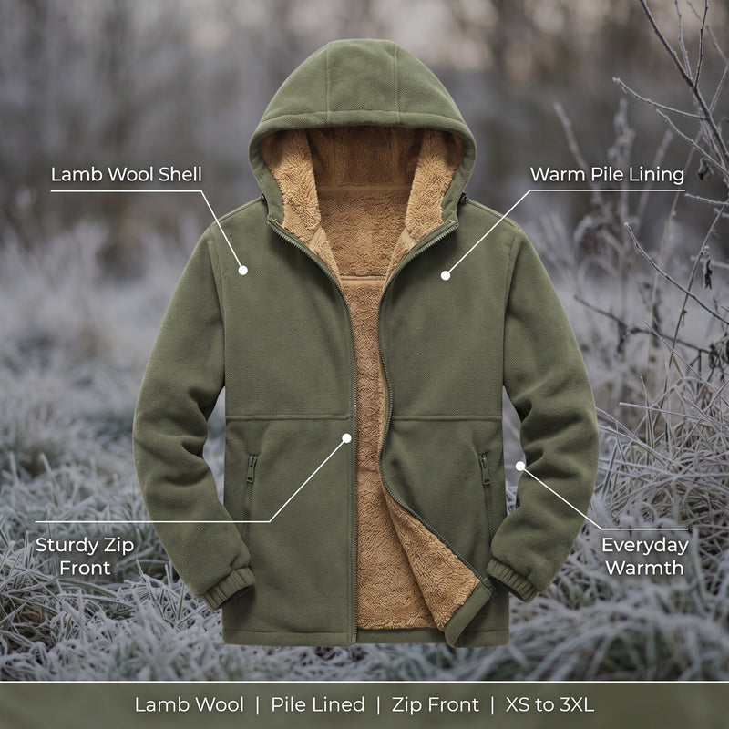 Men's Wool Hooded Winter Jacket with Pile Lining and Zip Front - product view 2 | Buffalo Gears