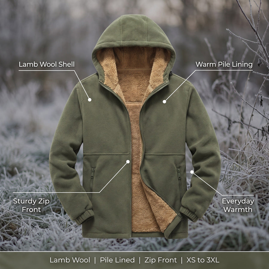 Men's Wool Hooded Winter Jacket with Pile Lining and Zip Front - product view 2 | Buffalo Gears